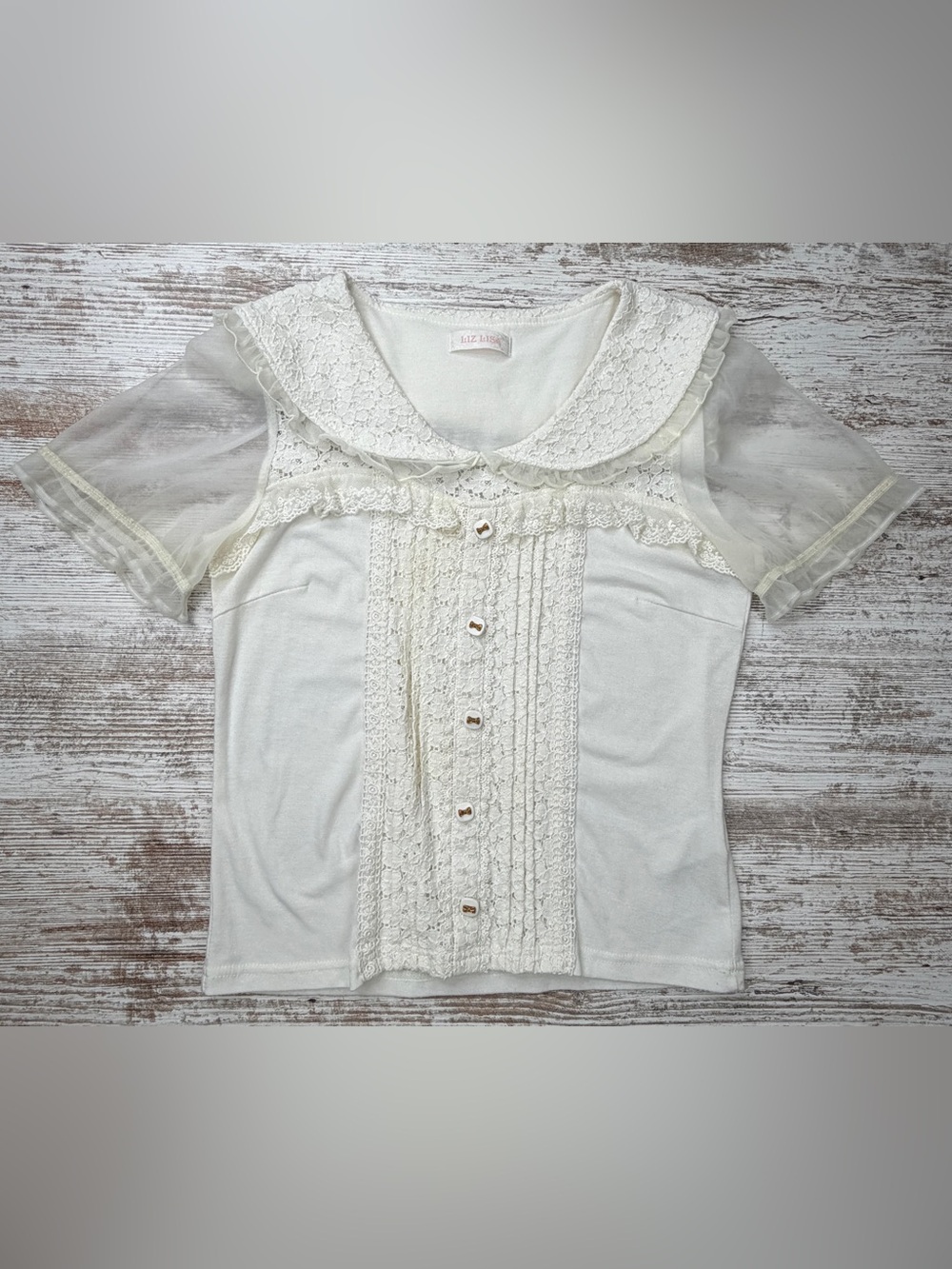 Liz Lisa Lace Trim Ivory Blouse w/Peter Pan Collar GUC sz 0 Sheer Short Sleeve